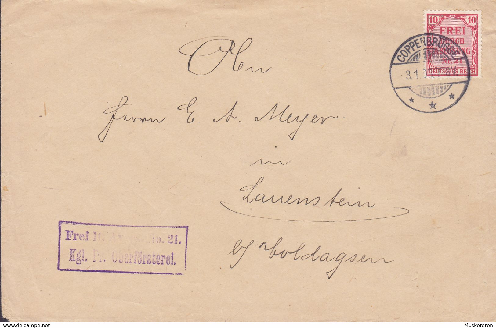 Deutsches Reich Kgl. Preusissche Oberförsterei Purple Cds. COPPENBRÜGGE 1903 Cover Brief 10 Pf. Frei Durch Ablösung - Servizio