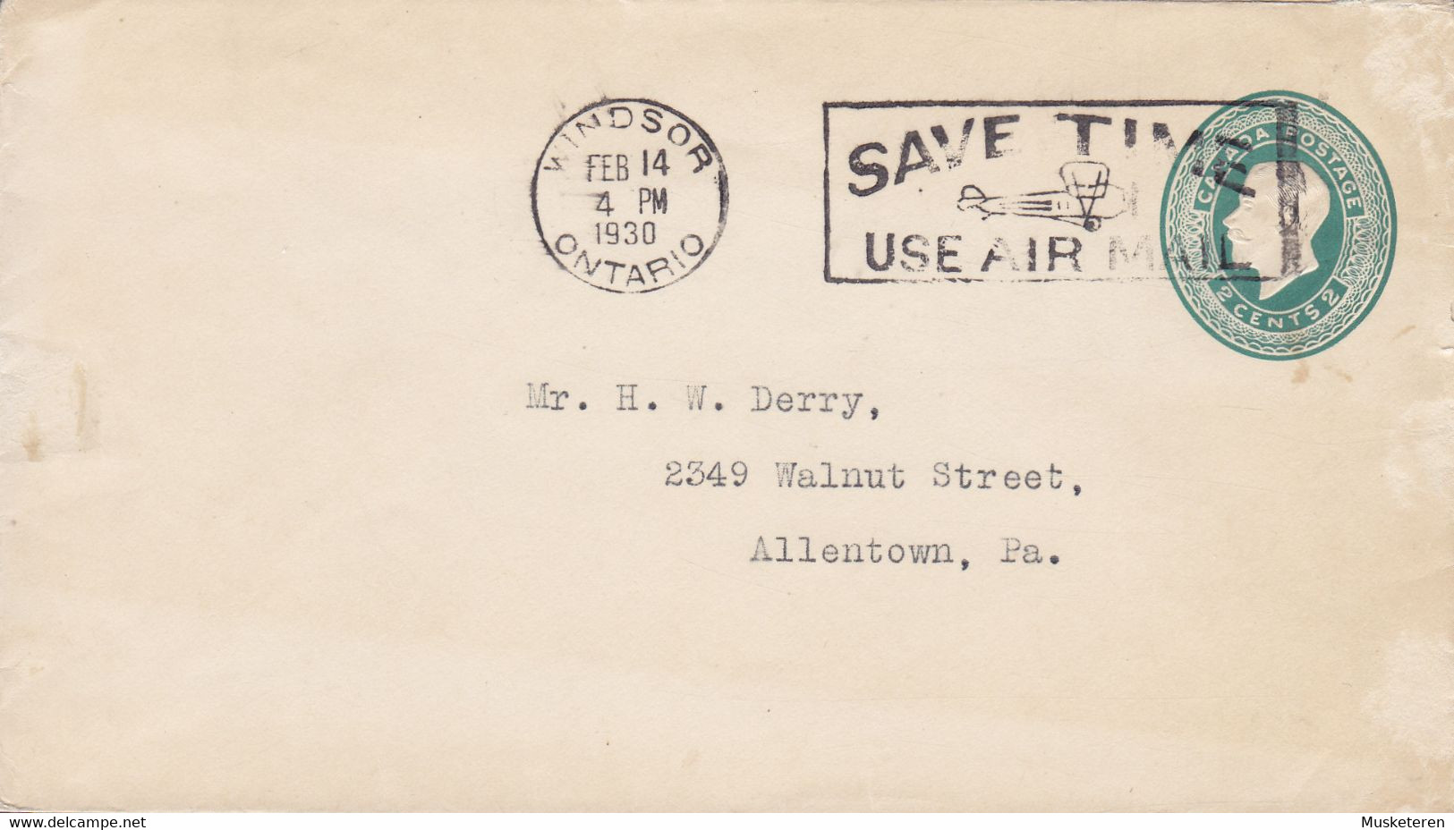 Canada Postal Stationery Ganzsache Entier 2c. GV. Slogan Flamme 'SAVE TIME Use Air Mail' WINDSOR Ontario 1930 ALLENTOWN - 1903-1954 Rois