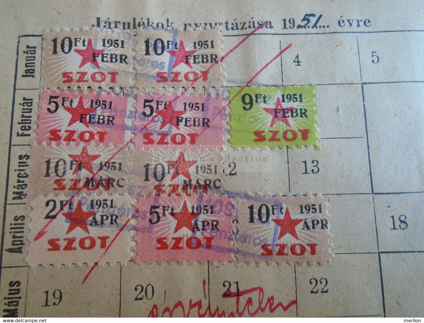 D188106 Hungary Membership Tax Stamp -  National Council Of Trade Unions  SZOT   1951  - Lot Of 10 Stamps - Fiscali