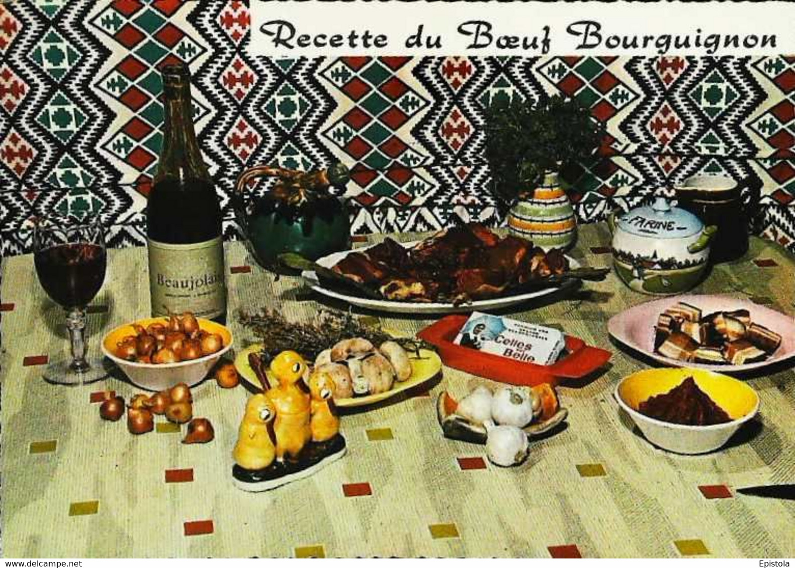 ► CPSM  Recette Boeuf Bourguignon Beaujolais Champignon Ail Lard Oignon - Recettes (cuisine)