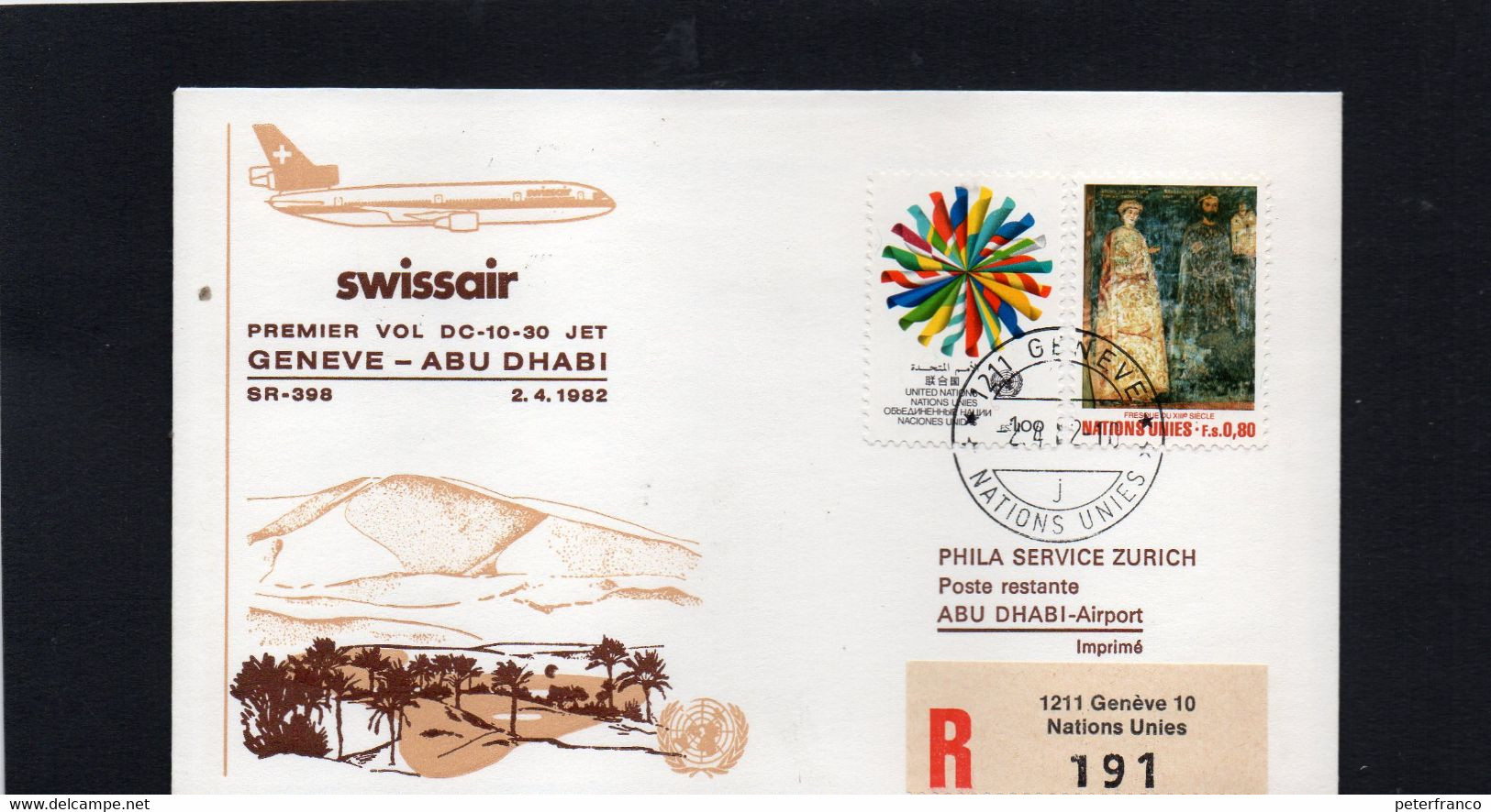 MEN - 1982 Nazioni Unite - Primo Volo Ginevra - Abu Dhabi  - Swissair DC-10-30 Jet - Luchtpost