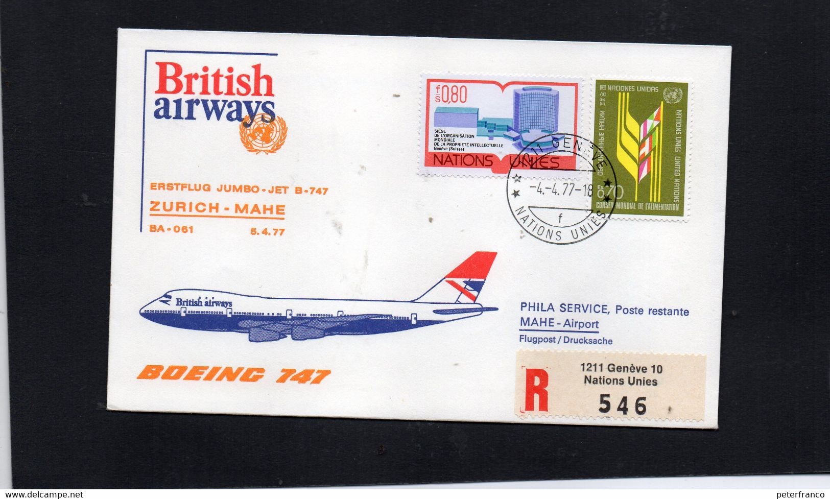 MEN - 1977 Nazioni Unite - Primo Volo Zurigo - Mahe (Seychelles) - British Airways             - Boeing 747 - Airmail