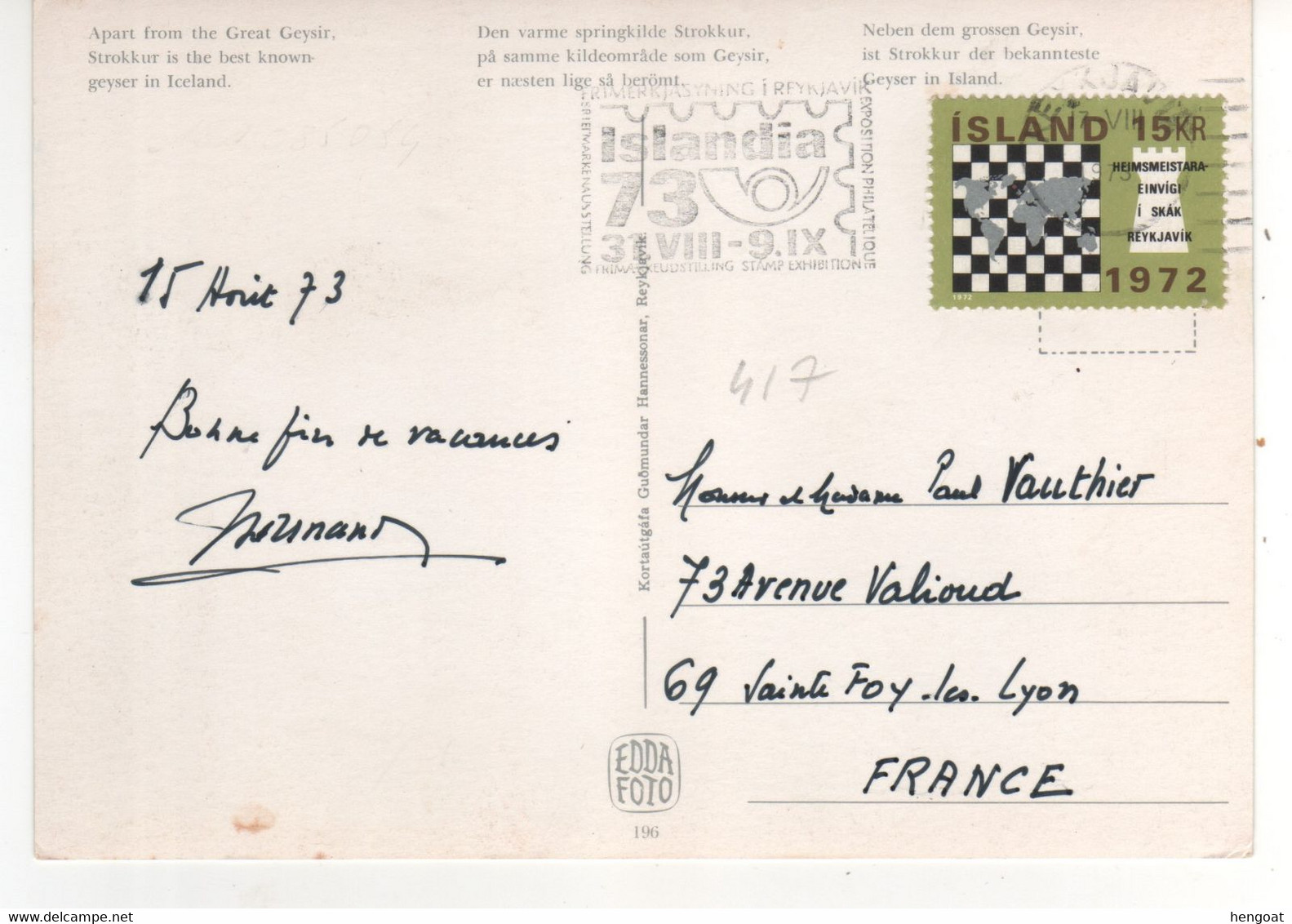 Timbre , Stamp Yvert N° 417 " Championnat D'échecs " Sur CP , Carte , Postcard Du 15/08/73 - Briefe U. Dokumente