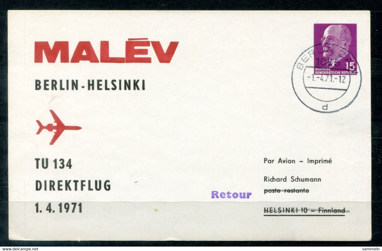 F1366 - DDR - Privatganzsache 15 Pfg. Ulbricht, Berlin>Helsinki>Berlin, Malev-Direktflug Berlin-Helsinki - Privatpostkarten - Gebraucht