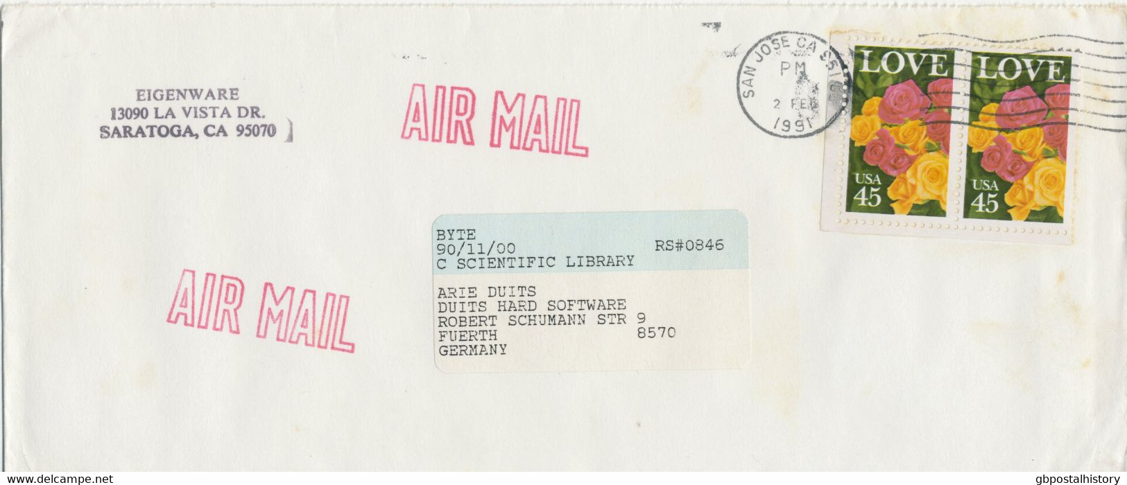 USA 1991, 45 C (2x) Air Mail Stamp LOVE Greetings On Very Fine Cover From „SAN JOSE CA 951“ To Germany – On The Backside - Briefe U. Dokumente