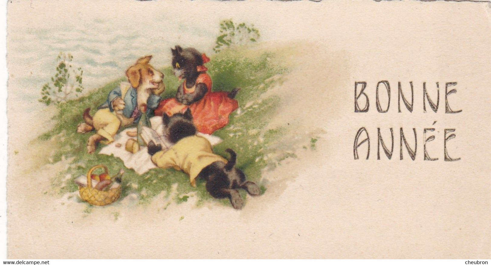 CARTE DE VOEUX  "  BONNE ANNEE".CHATS ET CHIEN.  PIC- NIC. . FORMAT 11x 6 - Nouvel An