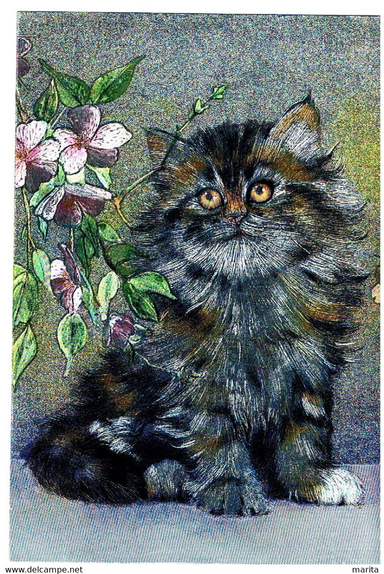 Chat,carte Nacré- Cat -katze- Poesje En Bloemen, Zilveren Kaart - Gatti