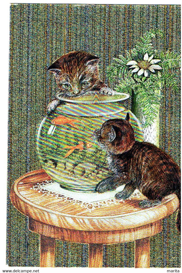 2 Chats,carte Nacré- Cats -katzen- Poesjes Met Visbokaal, Zilveren Kaart - Gatos