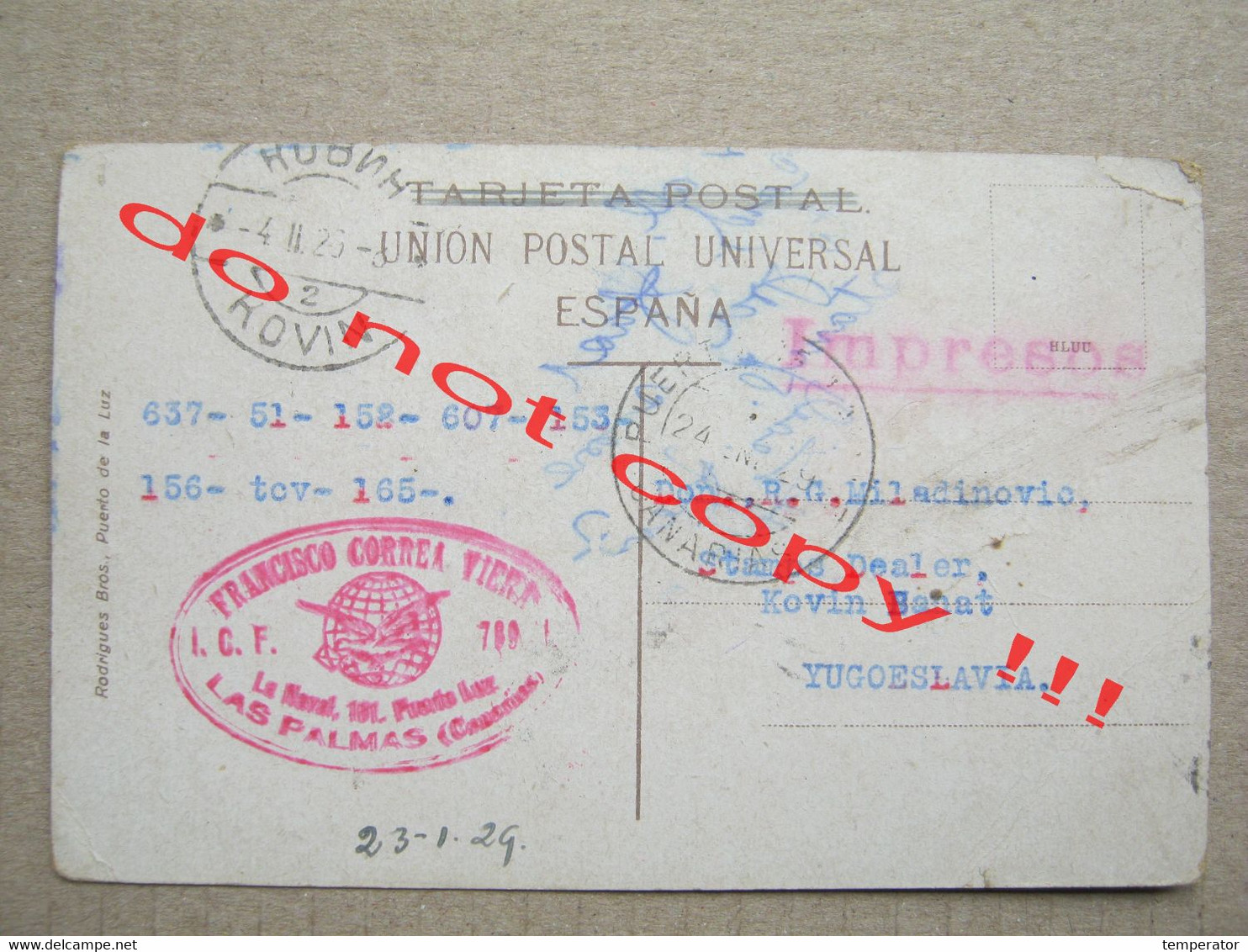 Spain / Tipos Canarios - Las Palmas SEAL ! ( 1929 ) Recipient: Stamps Dealer From Kovin, Serbia - La Palma