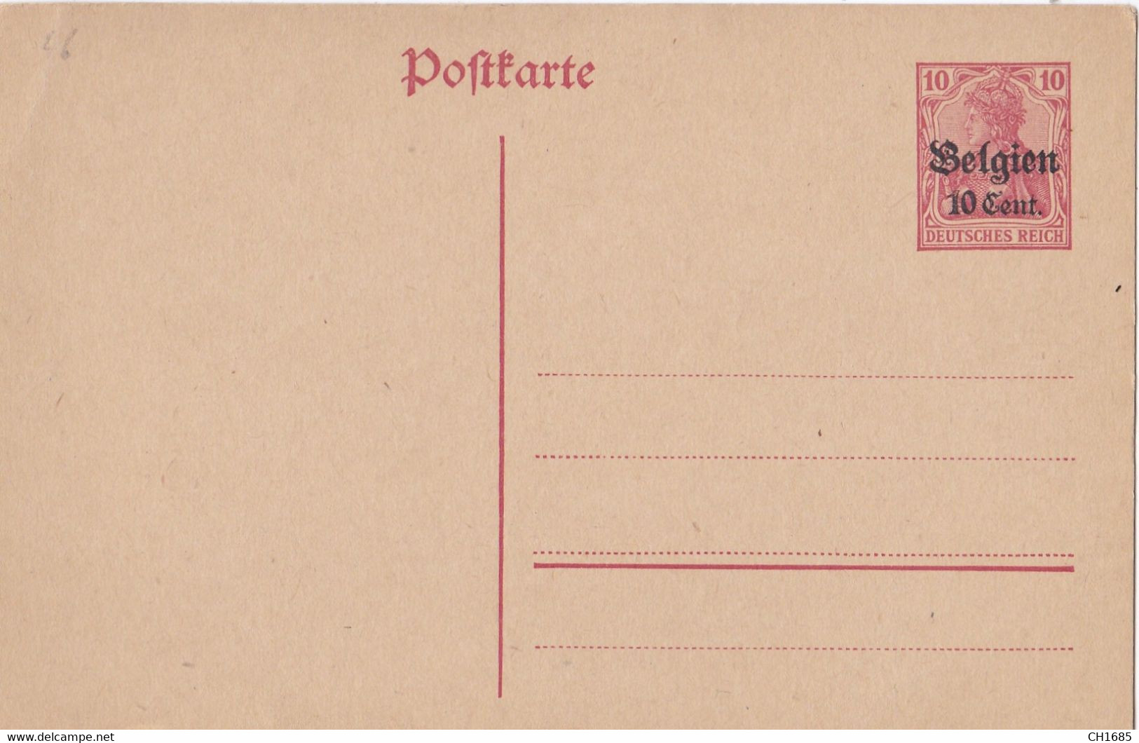 BELGIQUE : Occupation Allemande Entier Postal Neuf Avec Surcharge 10 Cents - German Occupation