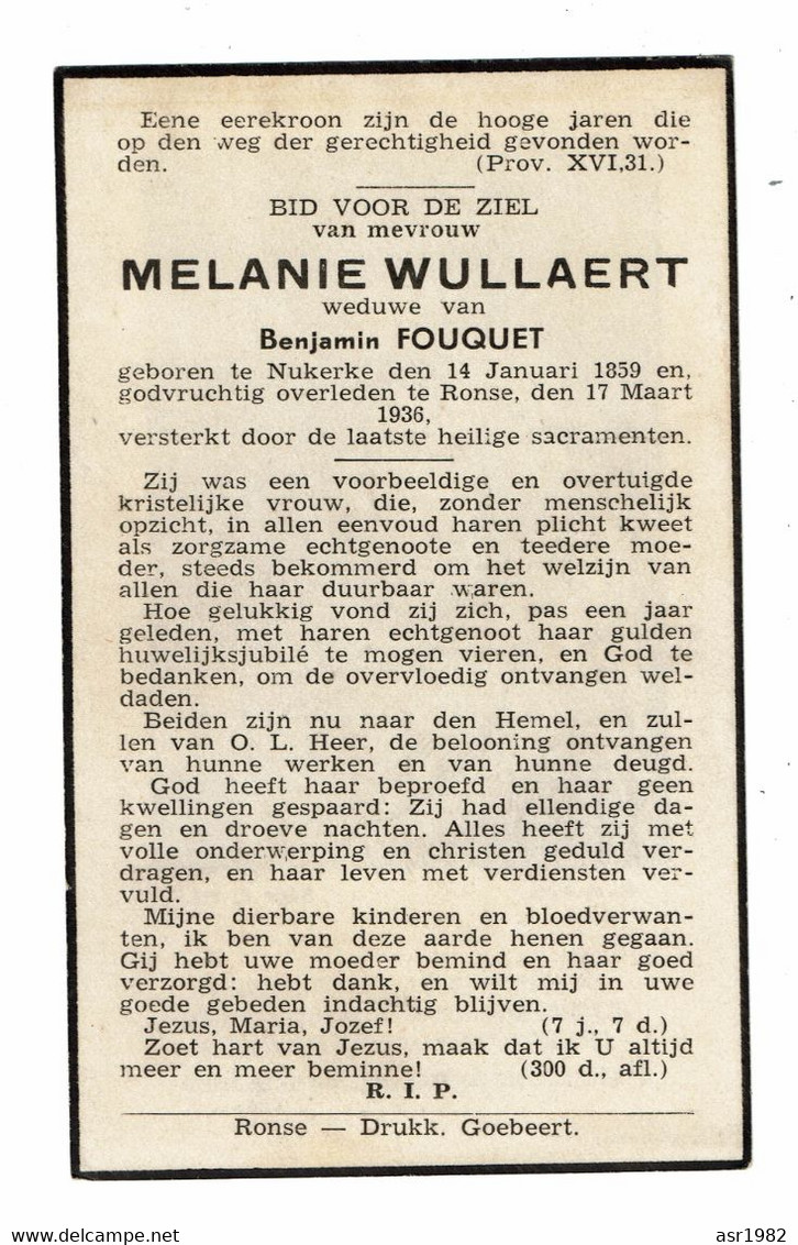 Doodsprentje 1936 Nukerke-Ronse : Melanie Wullaert ( Benjamin Fouquet ) . - Godsdienst & Esoterisme