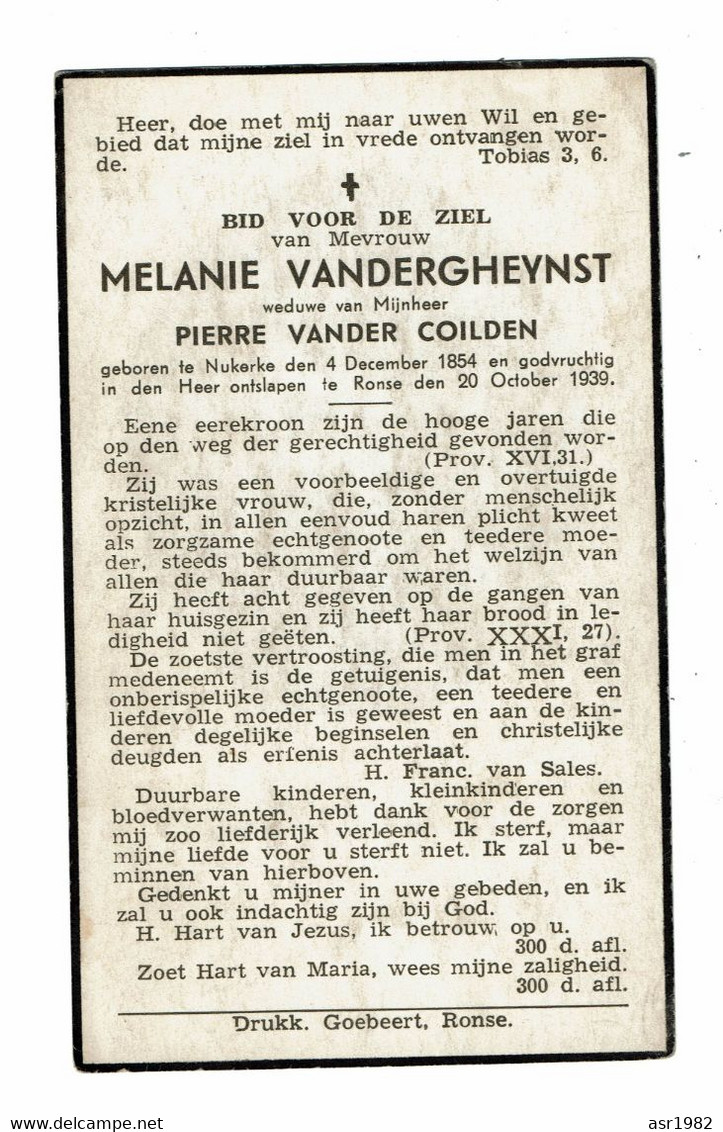 Doodsprentje 1939 Nukerke-Ronse : Melanie Vandergheynst ( Pierre Vander Coilden ) . - Religion & Esotérisme