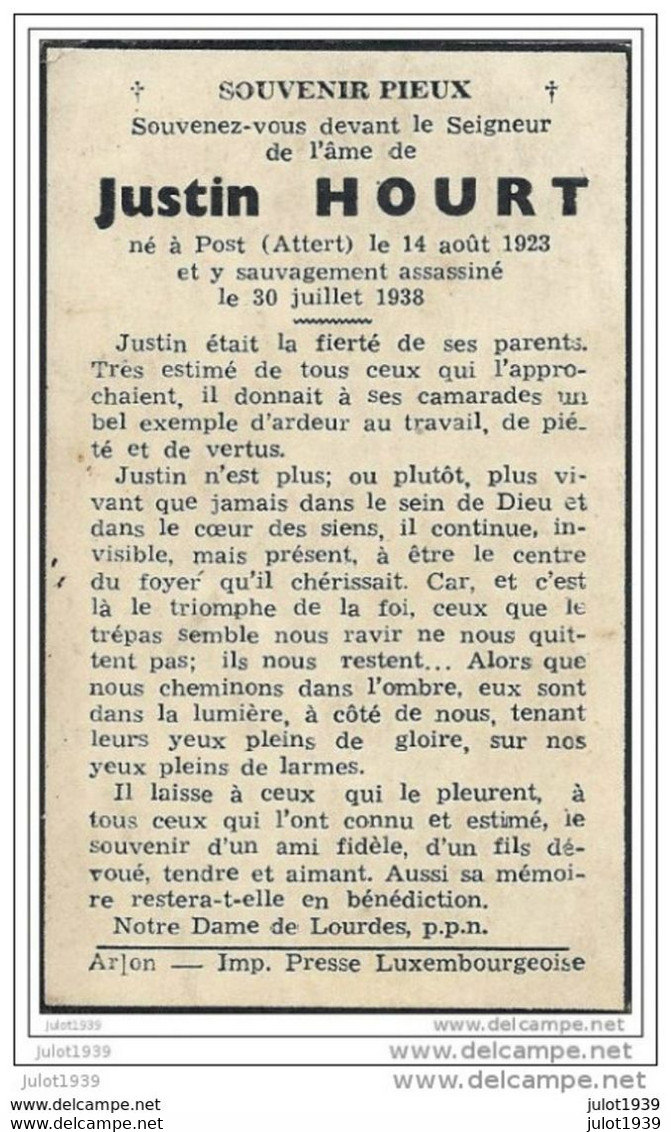 POST ..-- Mr Justin HOURT , Né En 1923 ,  Sauvagement  ASSASSINE à  POST , ATTERT En 1938 . - Attert