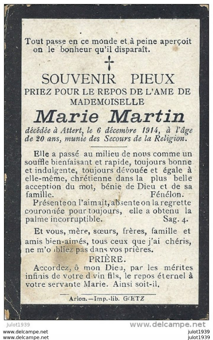 ATTERT ..-- Mademoiselle  Marie MARTIN , Née En 1894 , Décédée En 1914 . - Attert