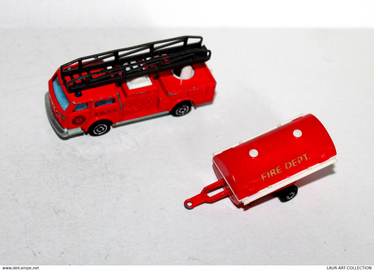 LOT 2 MAJORETTE - CAMION POMPIER N°207 + REMORQUE CITERNE 21760 FIRE DEPT. 1/100 ANCIENNE MINIATURE        (030122.2) - Majorette