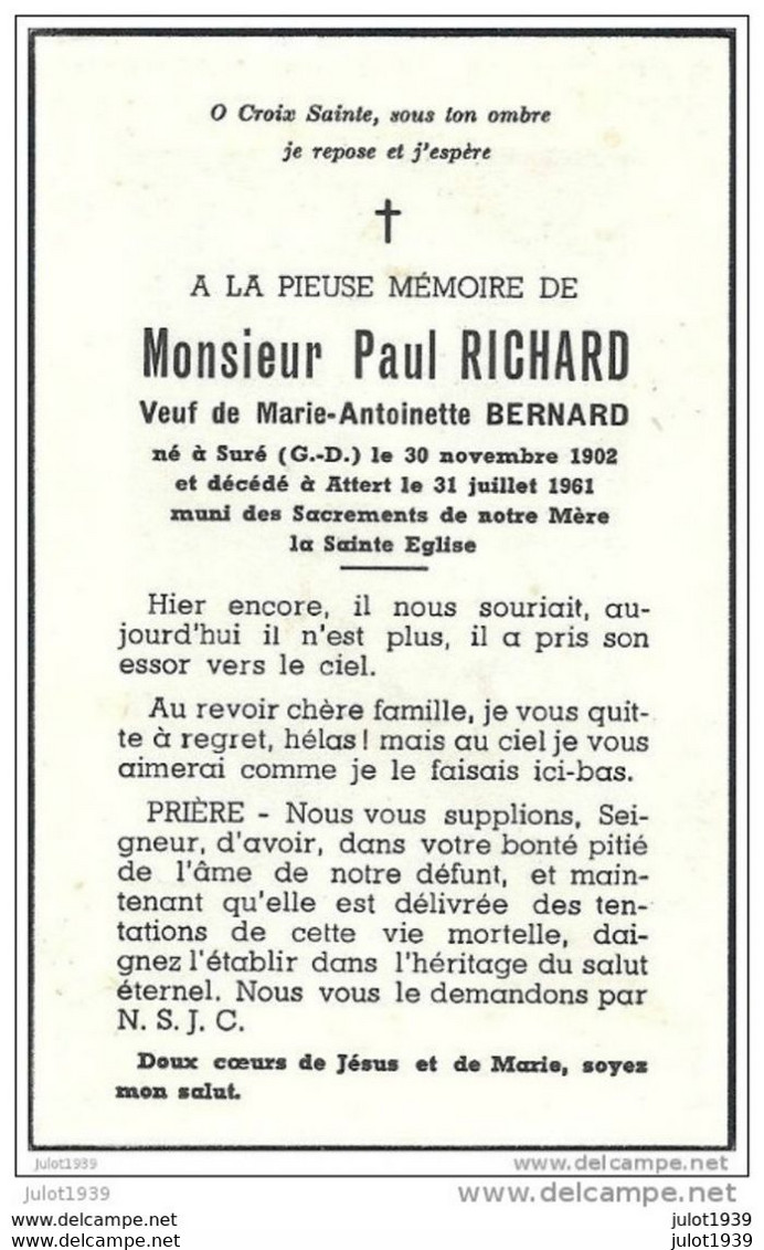 ATTERT ..-- Mr Paul RICHARD , Veuf De Mme Marie - Antoinette BERNARD , Né à SURE En 1902 , Décédé En 1961 . - Attert