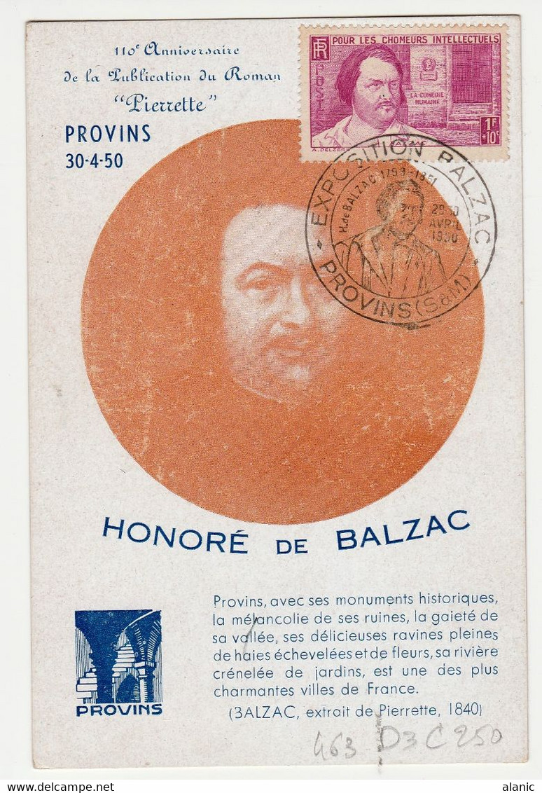 2 Cartes Maximums - BALZAC - Yvert 463 - Oblitération Illustrée Exposition Balzac - Provins - 1950 - - 1930-1939