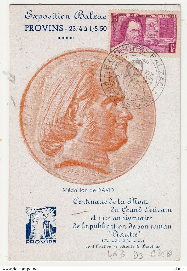 2 Cartes Maximums - BALZAC - Yvert 463 - Oblitération Illustrée Exposition Balzac - Provins - 1950 - - 1930-1939