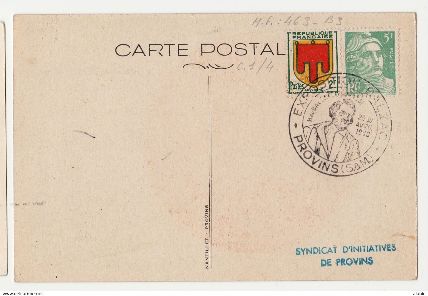 2 Cartes Maximums - BALZAC - Yvert 463 - Oblitération Illustrée Exposition Balzac - Provins - 1950 - - 1930-1939