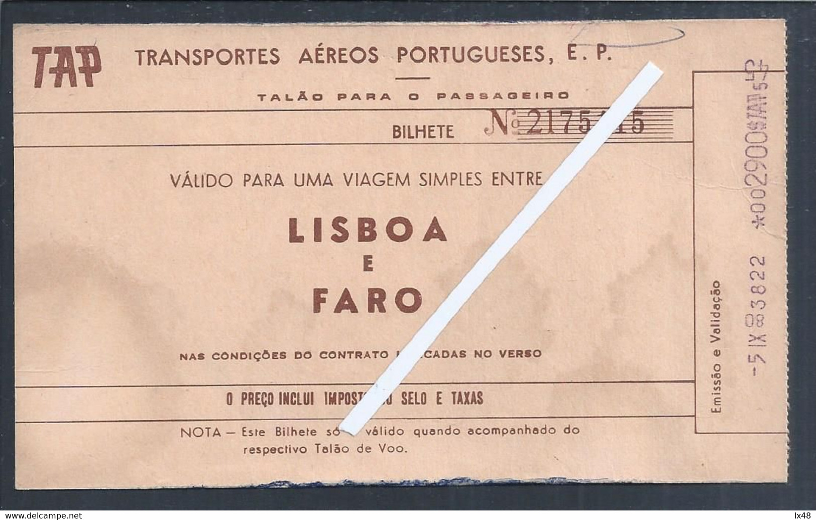 Ticket For TAP Transportes Aéreos Portugueses From Lisbon To Faro. TAP Transportes Aéreos Reiseticket Für Portugiesen Vo - Europe