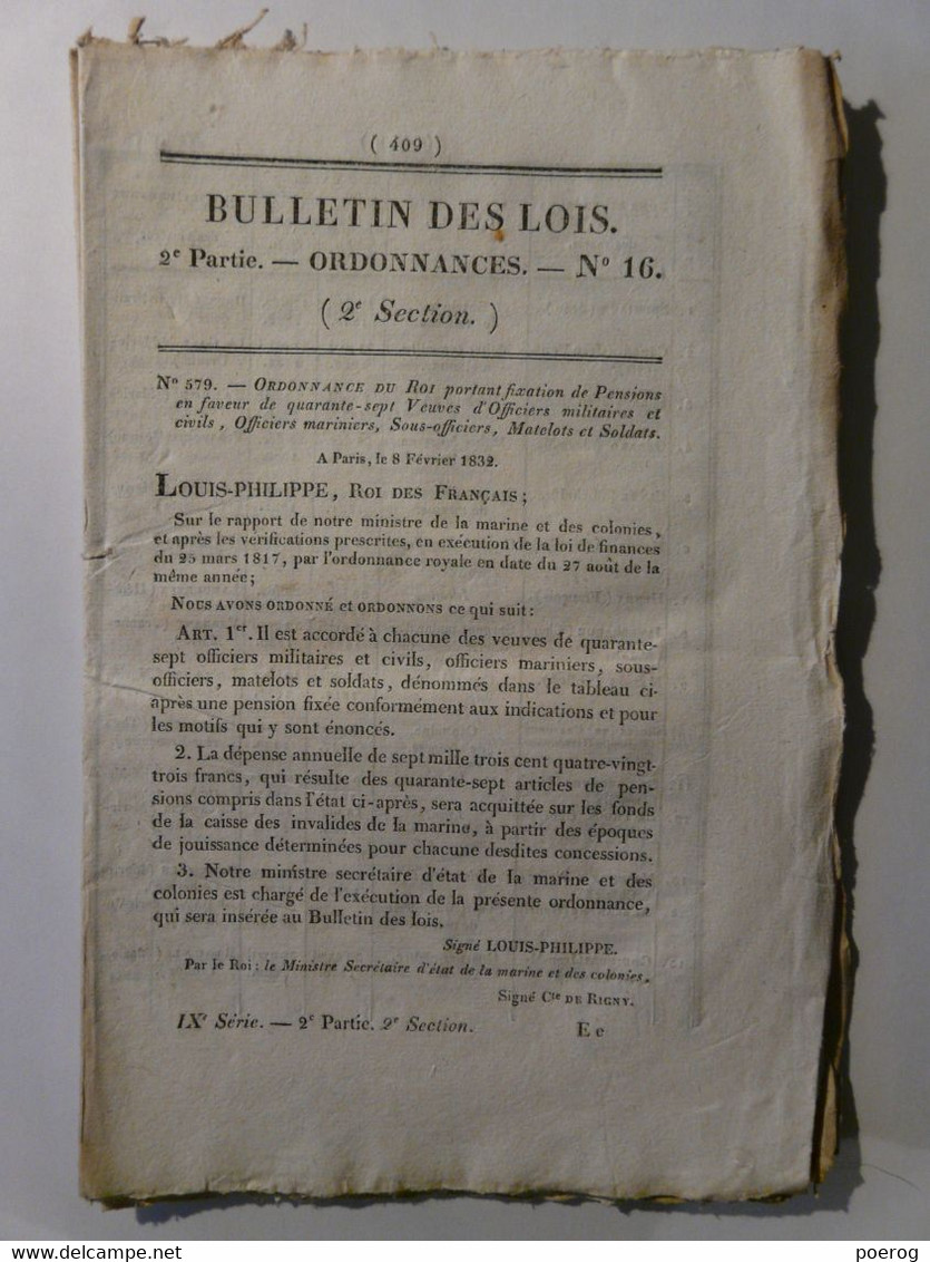 BULLETIN DE LOIS 1832 - ARGENTON INDRE BOUCHER CHARCUTIER - PENSIONS MILITAIRES MARINE - BOIS ET FORETS - LEGS - Wetten & Decreten