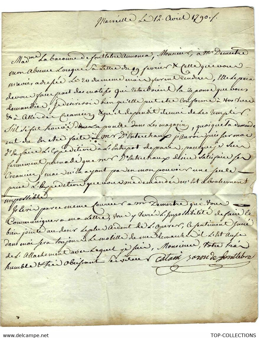 LETTRE SIGNEE "CATANI BARON DE FONTLEBRE" De Marseille Pour  Paris Demestre Du Rival VOIR SCANS+HISTORIQUE - Sonstige & Ohne Zuordnung