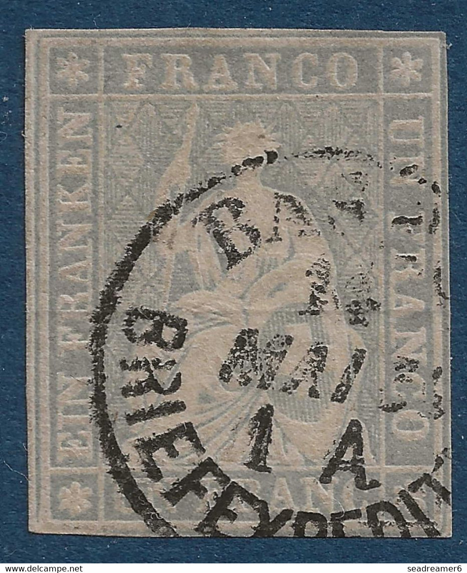 Suisse HELVETIA N°31 Fil De Soie Noir, Papier Moyen 1FR Gris Lilas Oblit Dateur "BASEL BRIEFEXPEDITION" Signé R.CALVES - Usati