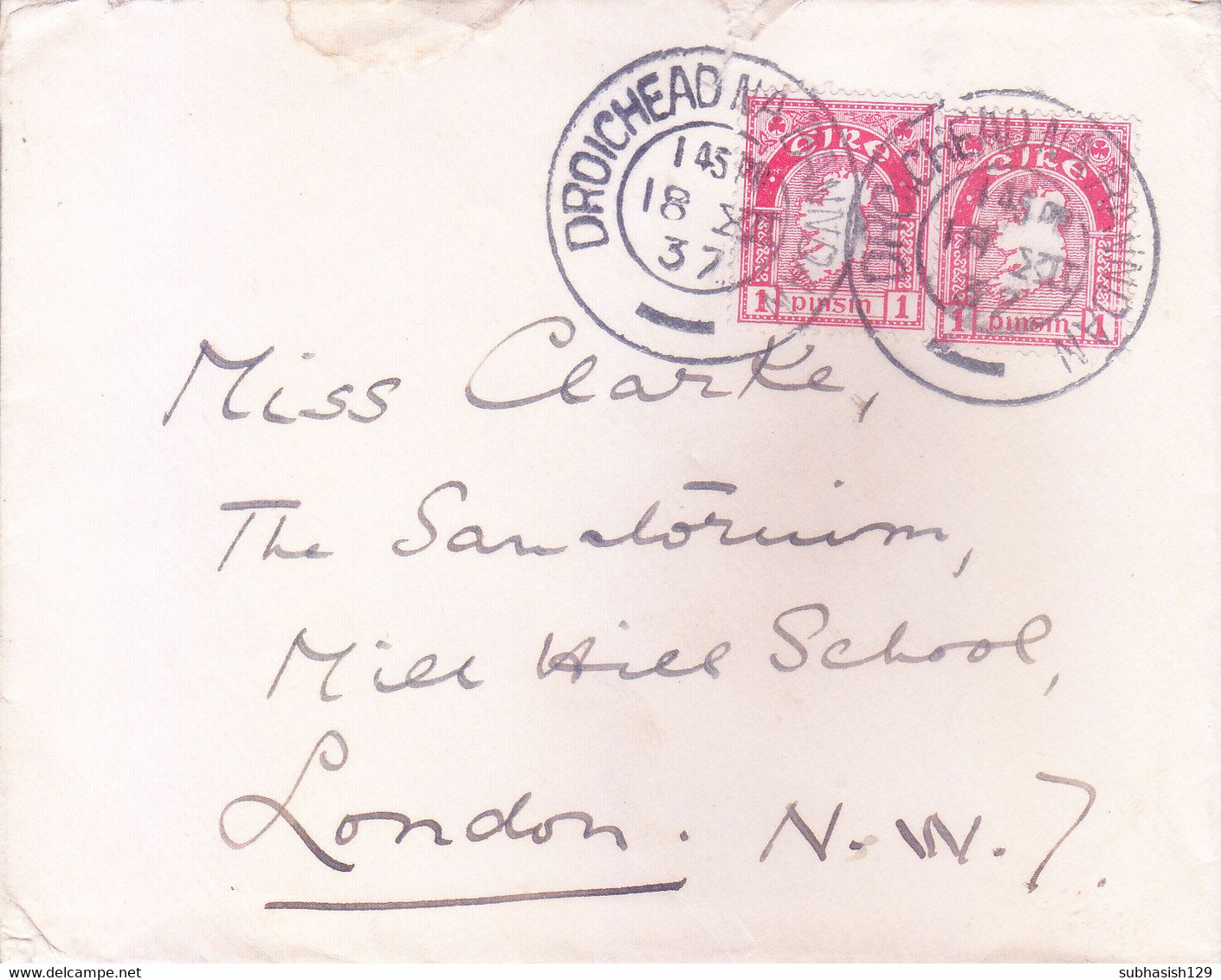 IRELAND : ENTIRE : YEAR 1937 : COVER POSTED FROM DROICHEAD NA RANNDAN FOR LONDON : USE OF 2v 1 PINSIN STAMPS - Cartas & Documentos