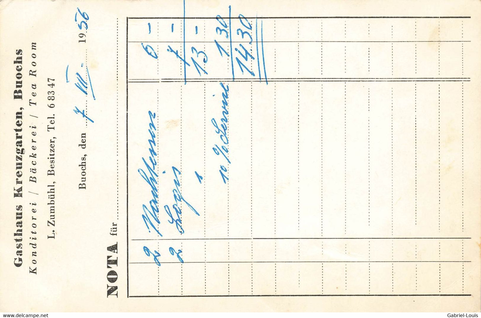 Gasthaus Kreuzgarten Buochs - Nota Notiz Auf Der Rückseite - Buochs
