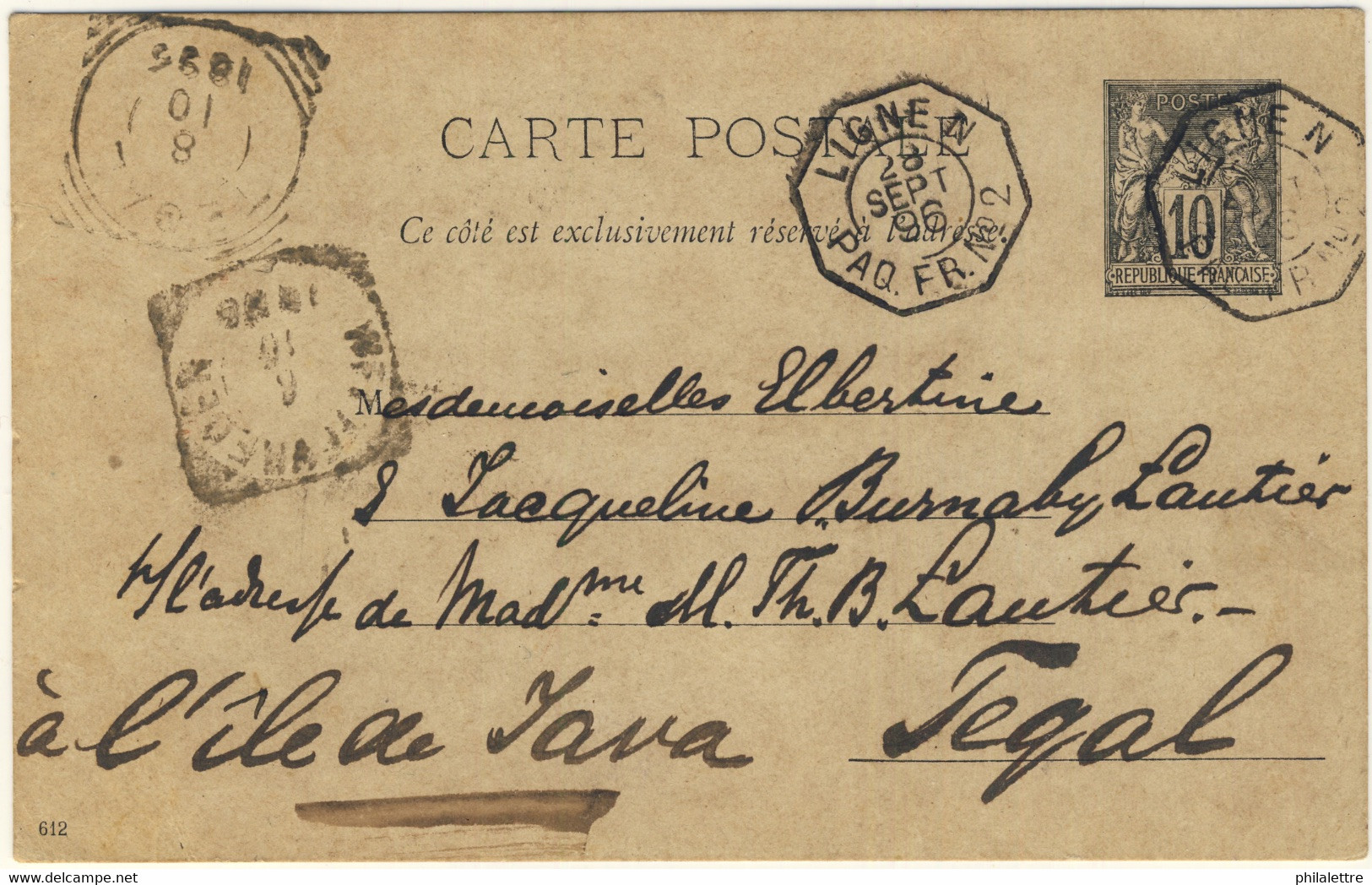 FRANCE - 1898 - Entier CP G9a (d.612) 10c Sage De COLOMBO, CEYLAN Pour TEGAL, ILE De JAVA - 1877-1920: Periodo Semi Moderno