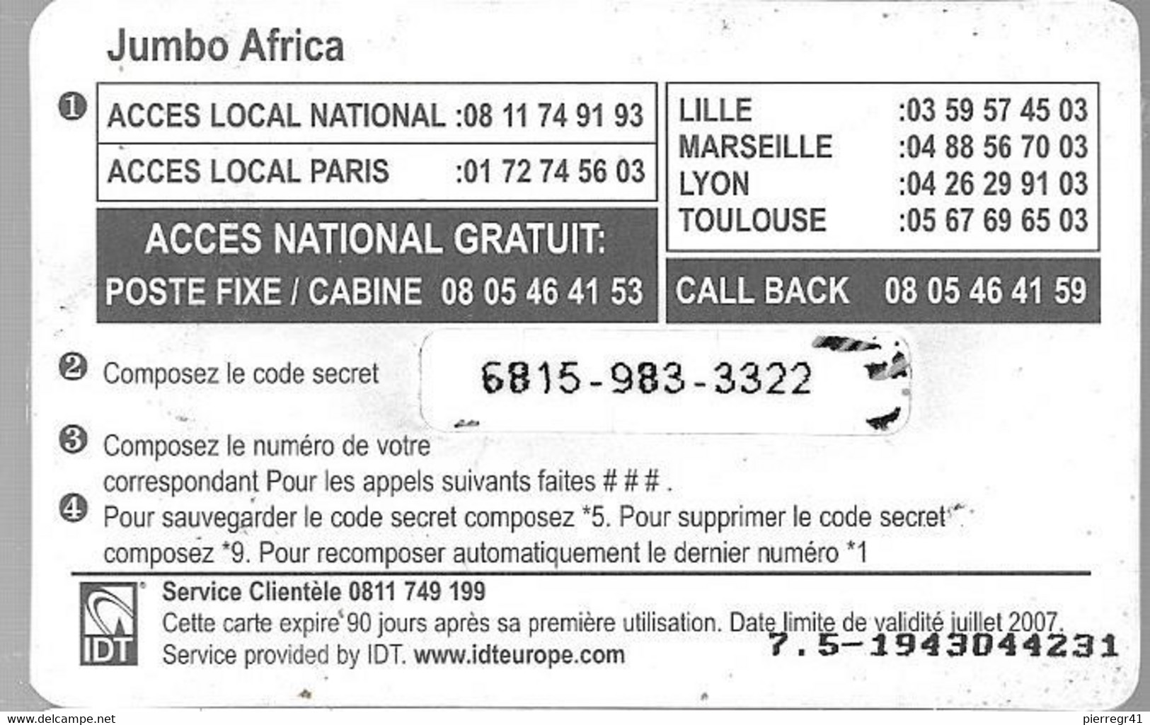 CARTE-PREPAYEE-7.5€-JUMBO AFRICA-ZEBRE-07/2007-Gratté-TBE     - - Chevaux