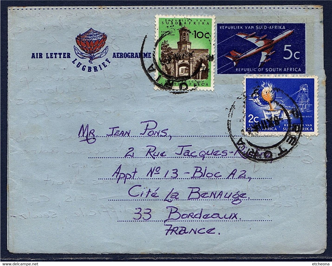 Aérogramme Entier Afrique Du Sud Avec Complément D'affranchissement Par 2 Timbres, De Pretoria 6.12.69 à Bordeaux - Luchtpost