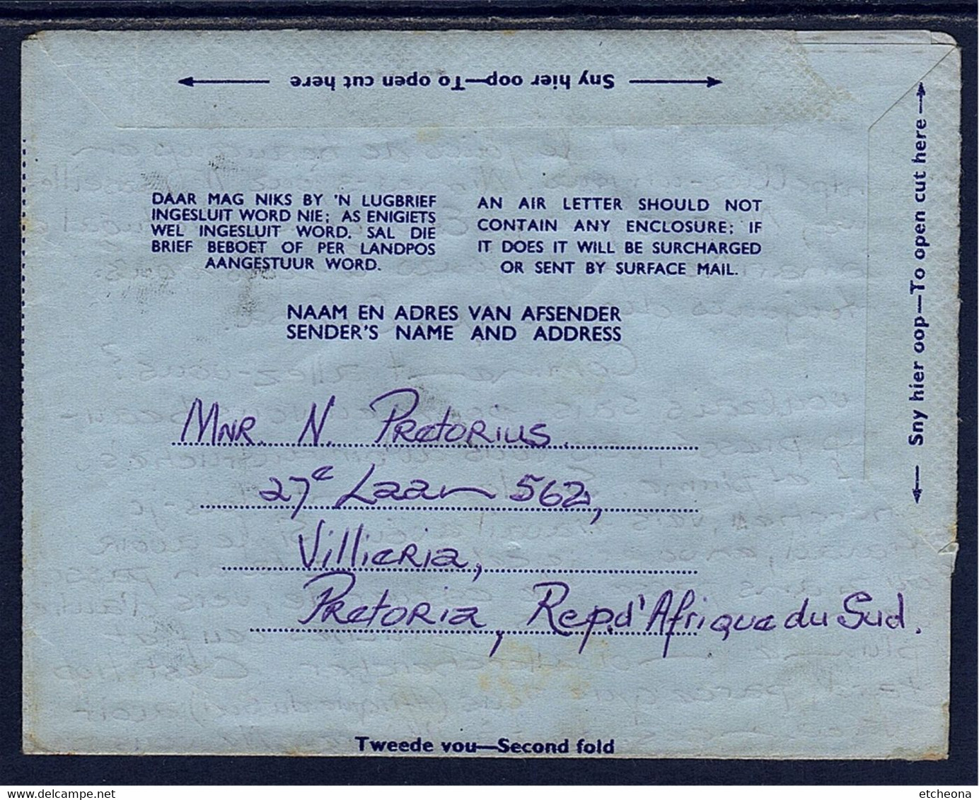 Aérogramme Entier Afrique Du Sud Avec Complément D'affranchissement Par 2 Timbres, De Pretoria 6.12.69 à Bordeaux - Aéreo