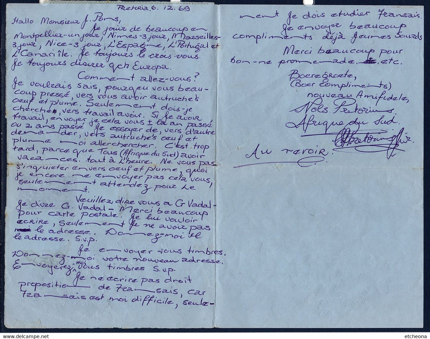 Aérogramme Entier Afrique Du Sud Avec Complément D'affranchissement Par 2 Timbres, De Pretoria 6.12.69 à Bordeaux - Airmail