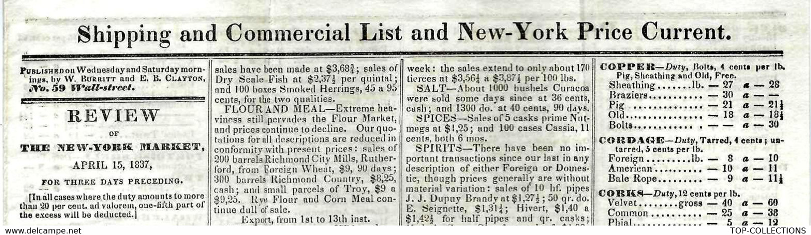 1837  New York Lettre Imprimé De Cotation NEGOCE COMMERCE INTERNATIONAL France ETATS UNIS  => Clossman  Vins à Bordeaux - Verenigde Staten