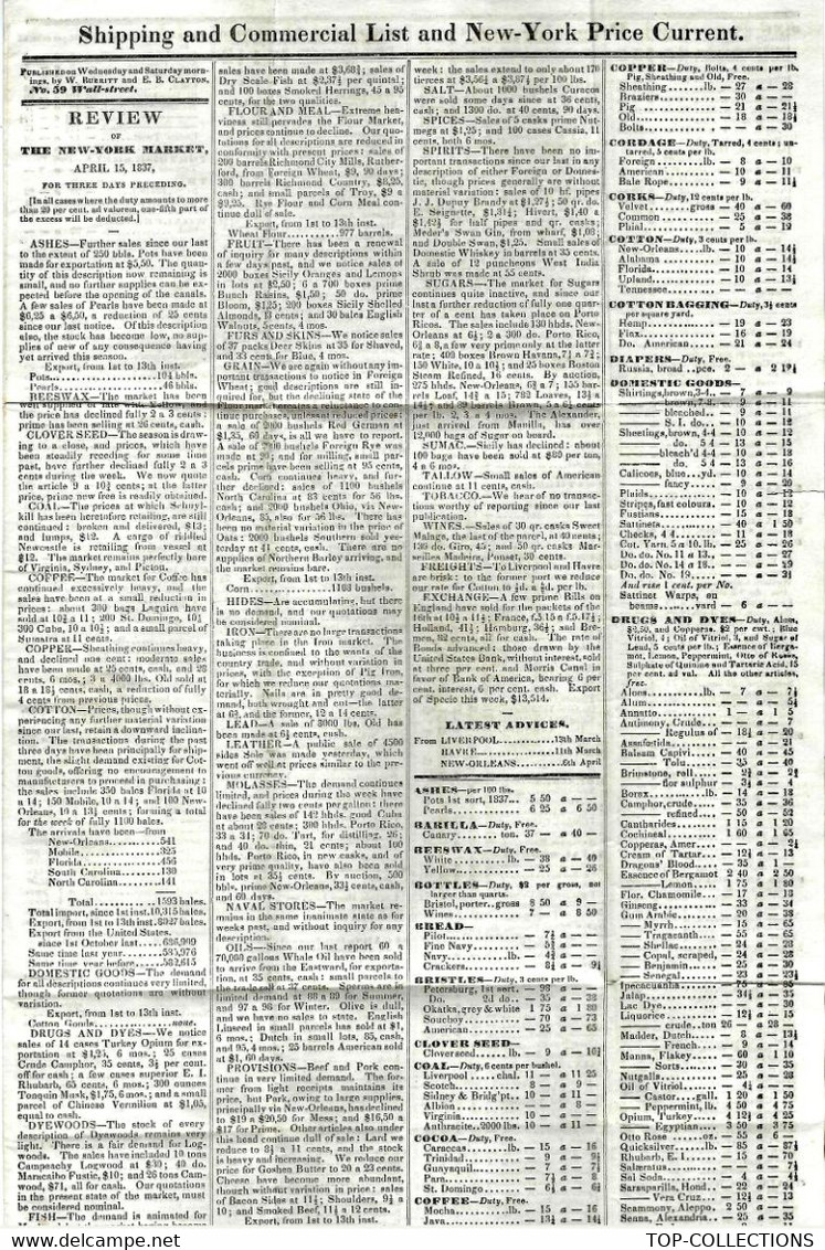 1837  New York lettre imprimé de cotation NEGOCE COMMERCE INTERNATIONAL France ETATS UNIS  => Clossman  vins à Bordeaux