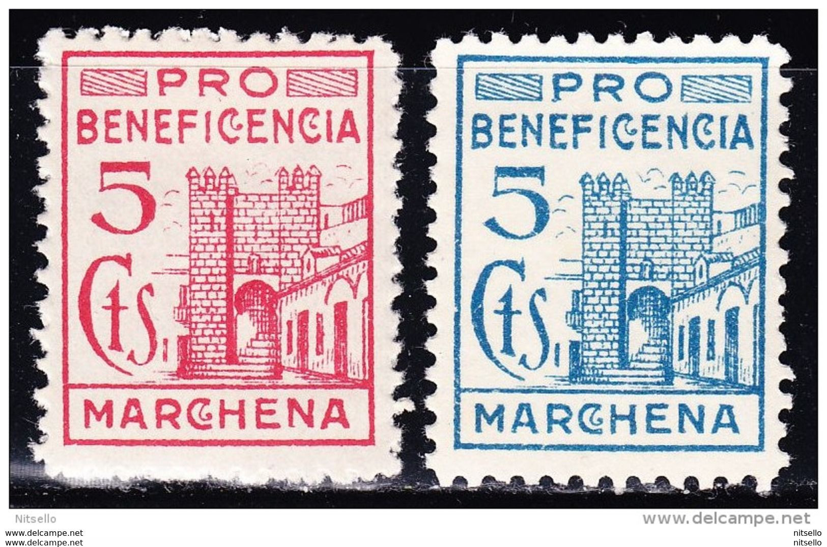 LOTE 2112E  ///   (C300) MARCHENA (SEVILLA) Nº 1 Y 2 FESOFI 5 CTS. ROJO Y 5 CTS. AZUL PRO BENEFICENCIA - Spanish Civil War Labels