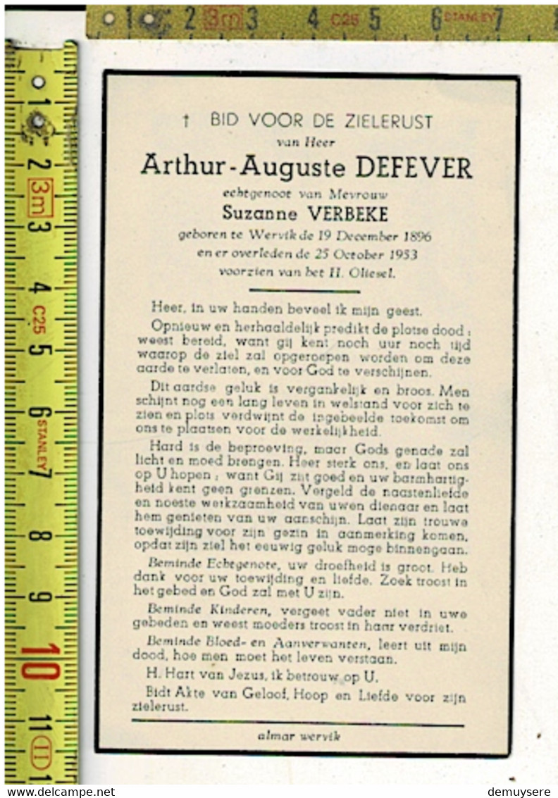 Dp12489 - Doodsprentje - Arthur Defever - Verbeke - Wervik 1896 + 1983 - Imágenes Religiosas