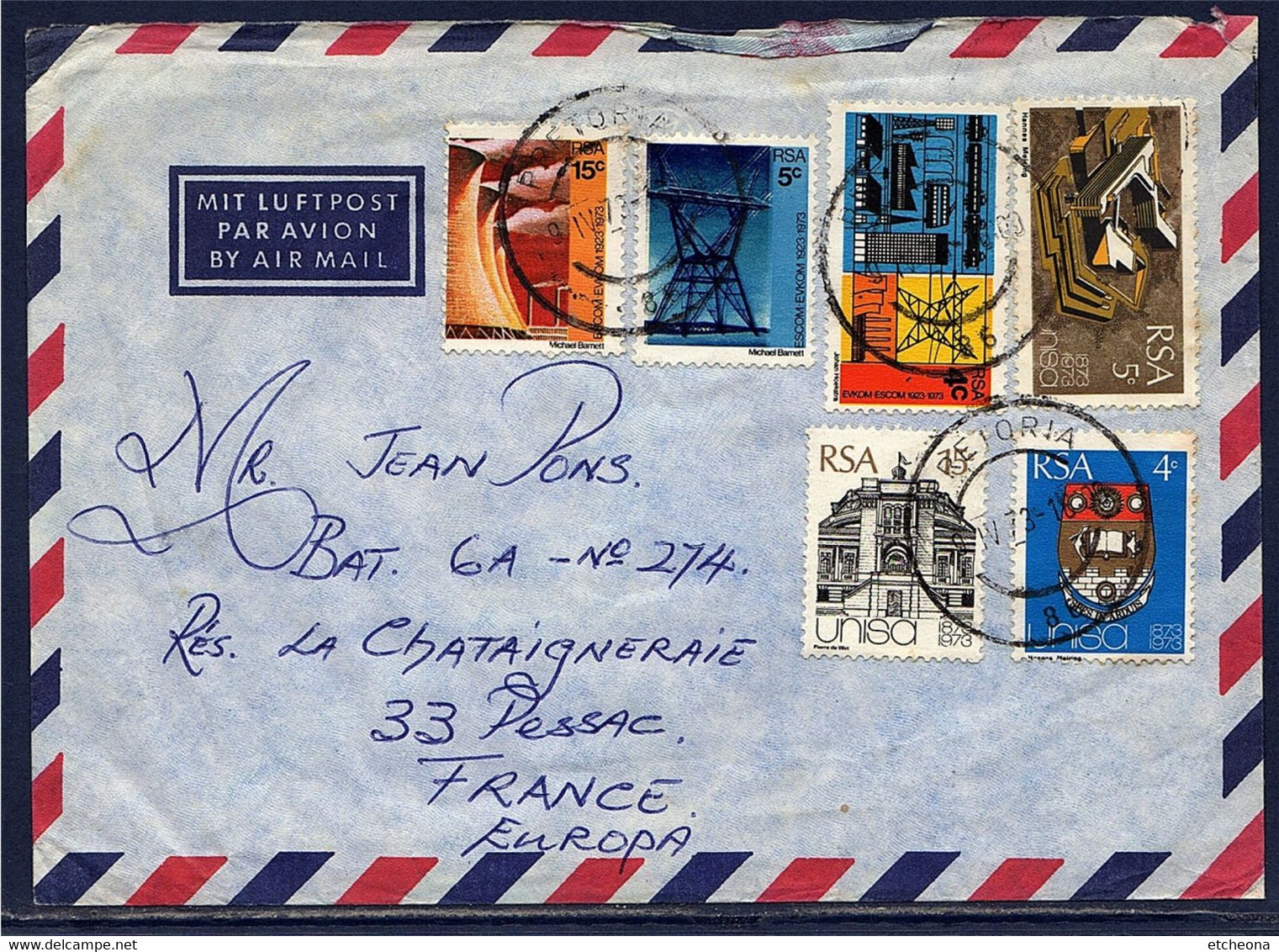 Afrique Du Sud Enveloppe Par Avion 6 Timbres Prétoria 9.IV.73 Pour Pessac (France) - Storia Postale