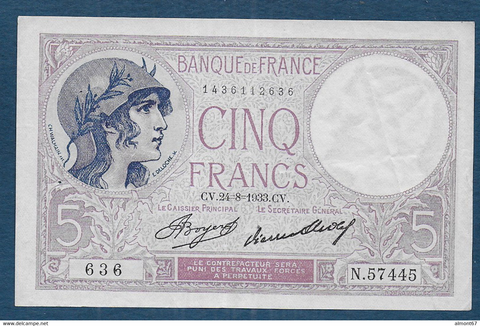 5 Francs  Violet   Du  24 - 8 - 1933 - 5 F 1917-1940 ''Violet''