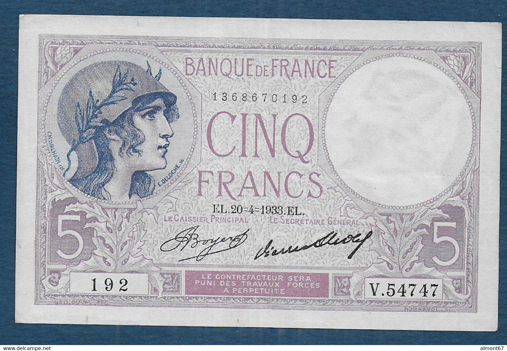 5 Francs  Violet   Du  20 - 4 - 1933 - 5 F 1917-1940 ''Violet''