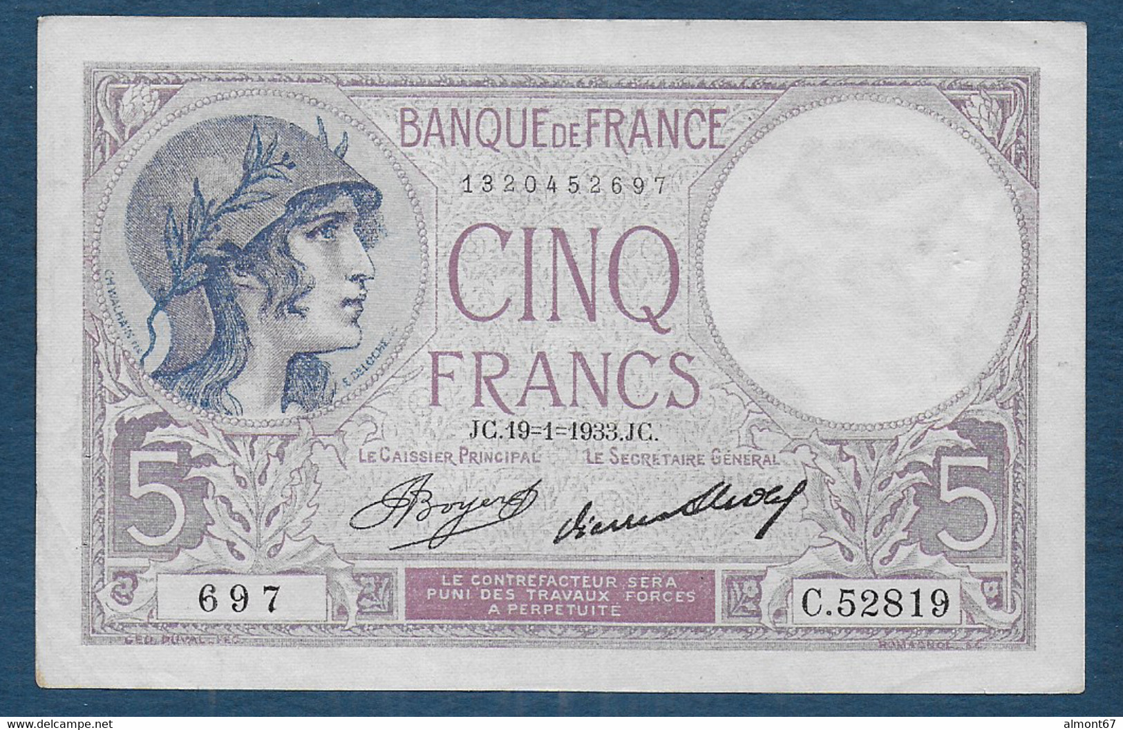 5 Francs  Violet   Du  19 - 1 - 1933 - 5 F 1917-1940 ''Violet''