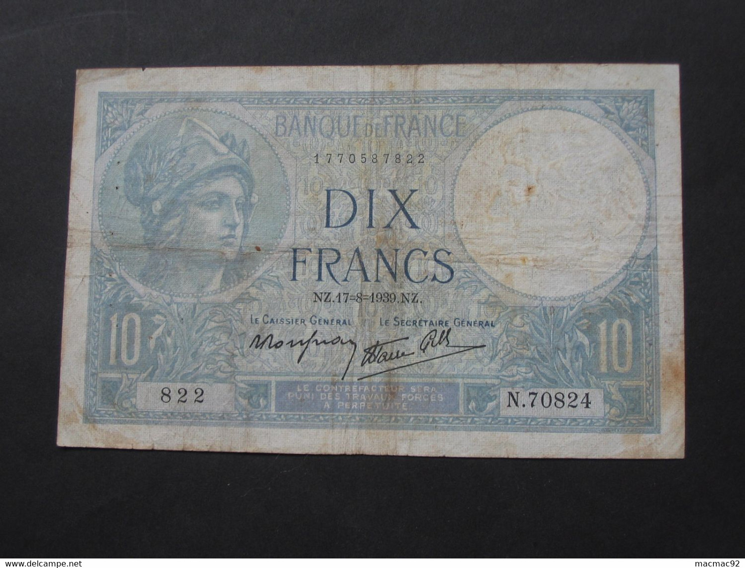 10 Francs - Dix Francs Minerve  17=8=1939   **** EN ACHAT IMMEDIAT **** - 10 F 1916-1942 ''Minerve''