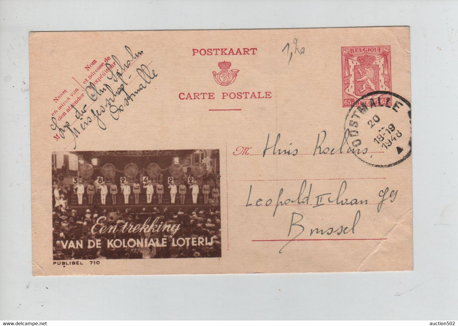 1657PR/ Entier CP 710 Koloniale Loterij C. Oostmalle 1948 > BXL Pli - Publibels