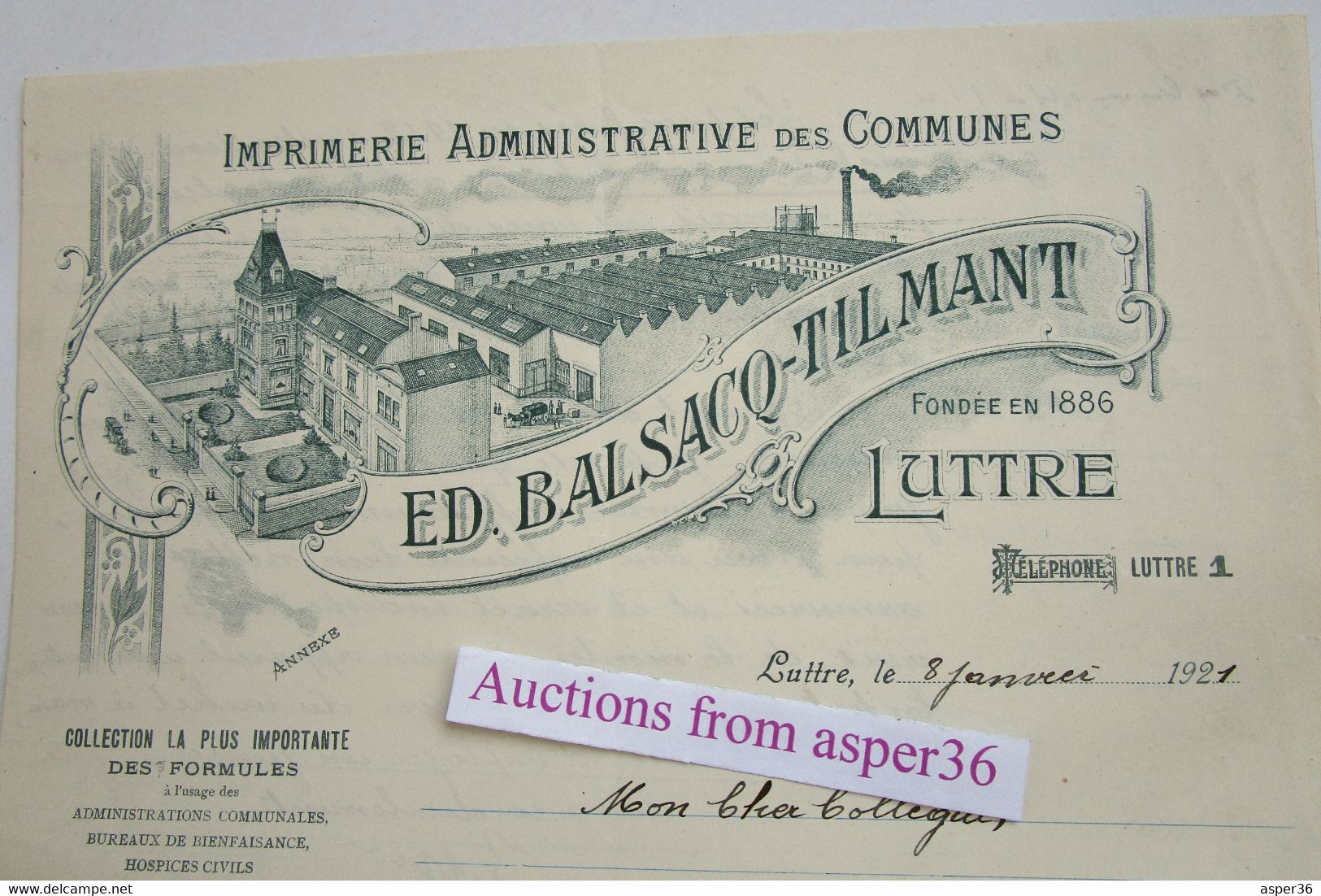 Imprimerie Administrative Des Communes, Ed. Balsacq-Tilmant, Luttre 1921 - 1900 – 1949
