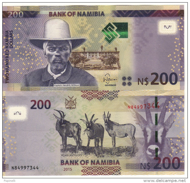 NAMIBIA  200  Namibian Dollars    P15b   Dated  2015  ( Captain Hendrik Witbooi +  Roan Antelopes At Back )    UNC - Namibia