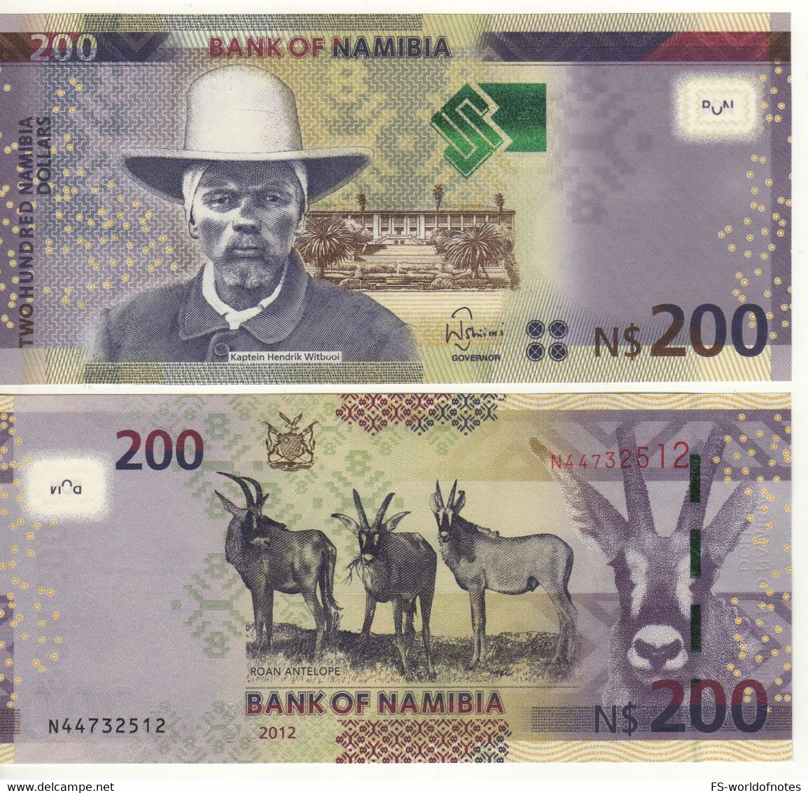 NAMIBIA  200  Namibian Dollars    P15a   Dated  2012  ( Captain Hendrik Witbooi +  Roan Antelopes At Back )    UNC - Namibie