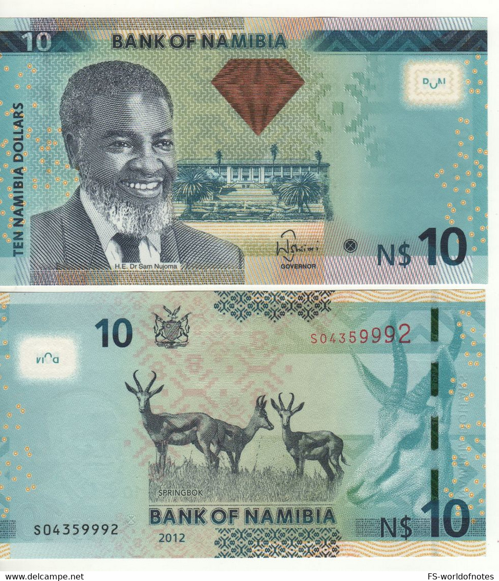 NAMIBIA  10 Namibian Dollars    P11a  ( 2012 "DIAMOND Shape At Center"  Dr. Sam Nujoma + Springboks At Back ) - Namibie