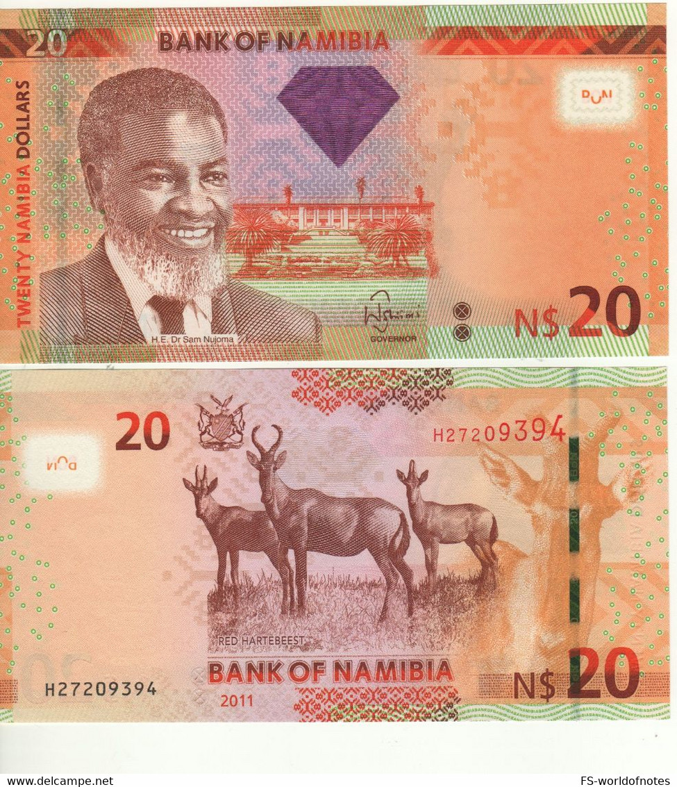 NAMIBIA  20 Namibian Dollars   P12a  ( Dated 2011  "DIAMOND At Center"  Dr. Sam Nujoma + Red Hartebeest At Back ) - Namibie