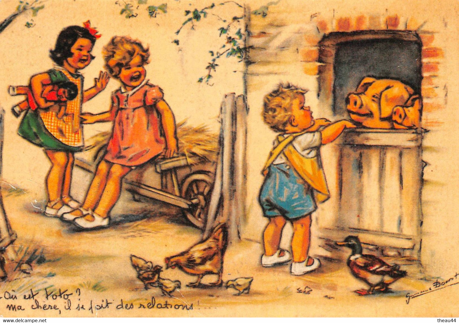 ¤¤  -  Illustrateur  " Germaine BOURET "  -  Tirage Moderne  -  Poule, Poussins, Canard, Cochon, Enfants ....   -  ¤¤ - Bouret, Germaine